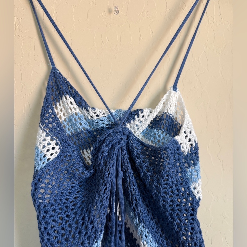 Crochet swim cover blue white striped nautical coastal beach Medium Women’s - Picture 5 of 10